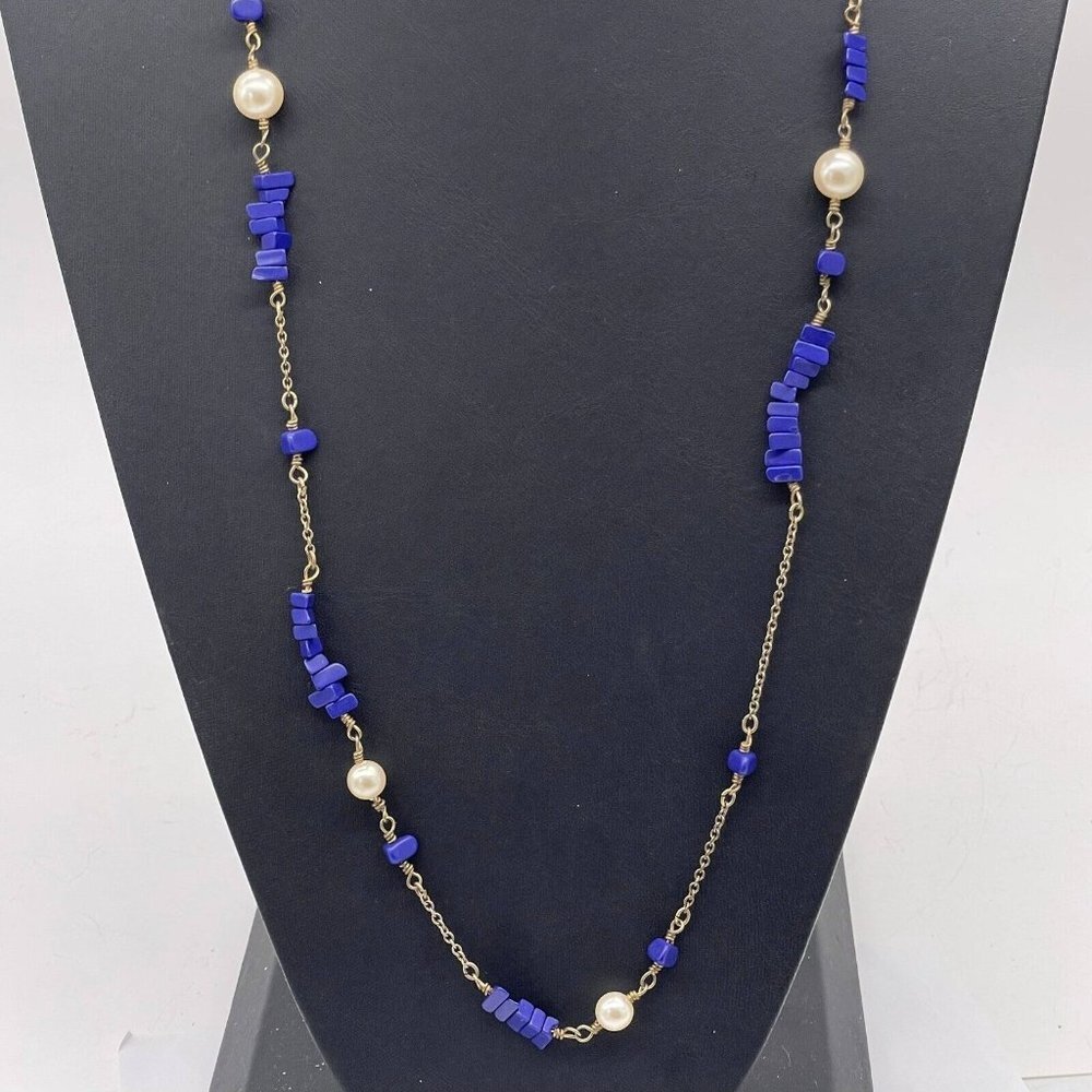 J. Crew Blue Beads Faux Pearl Station Chain Long Necklace Gold Tone 34 Inches